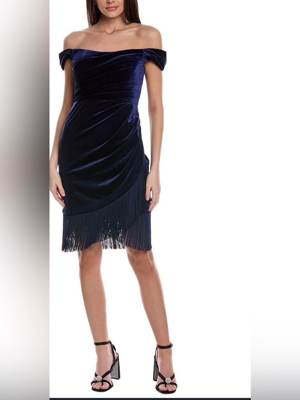 New York & Company Off-the-Shoulder Velvet Fringe Dress in Navy